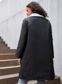 SHEIN EZwear Borg Collar Slant Pockets Drop Shoulder Padded Coat - Black - View 3