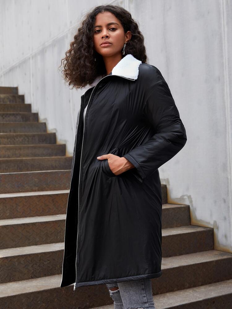 SHEIN EZwear 博格领斜口袋落肩衬垫大衣 - 黑色 - 查看 4