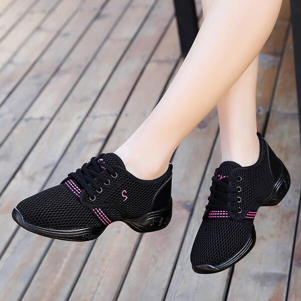 

Striped Pattern Lace-up Front Mesh Sneakers, Black