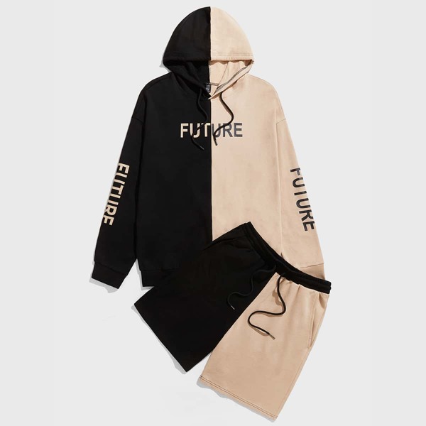 

Men Letter Graphic Color Block Drawstring Hoodie & Shorts, Multicolor