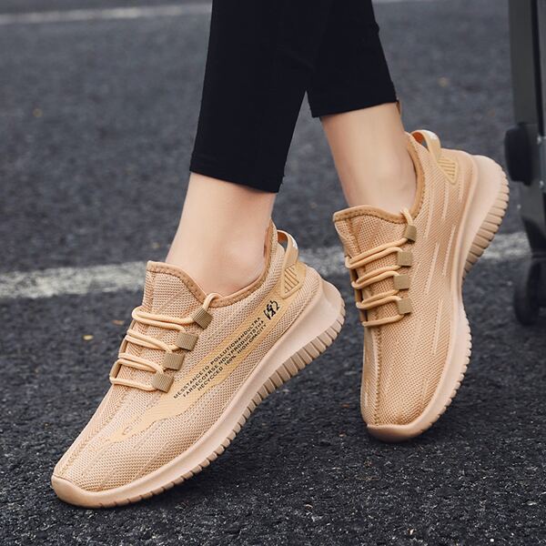

Letter Graphic Lace Up Decor Knit Sneakers, Beige