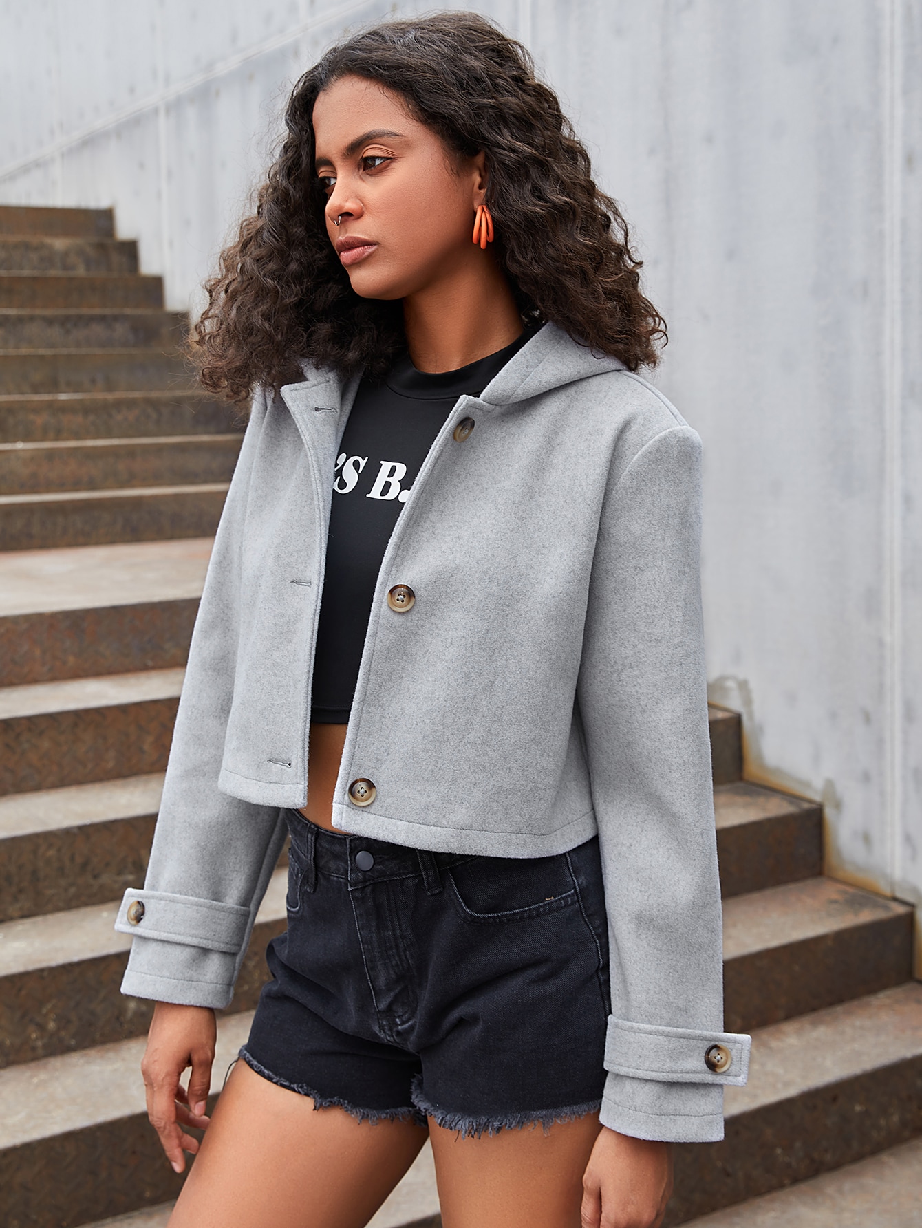 Button Front Hooded Overcoat