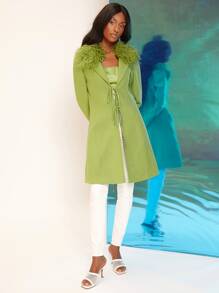 SHEINNeu Fuzzy Collar Knot Front Overcoat - Lime Green - View 3