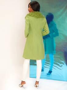 SHEINNeu Fuzzy Collar Knot Front Overcoat - Lime Green - View 2