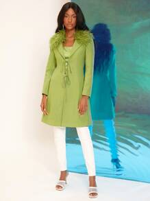 SHEINNeu Fuzzy Collar Knot Front Overcoat - Lime Green - View 4