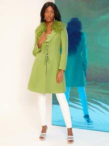 SHEINNeu Fuzzy Collar Knot Front Overcoat - Lime Green - View 1