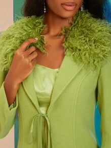 SHEINNeu Fuzzy Collar Knot Front Overcoat - Lime Green - View 6