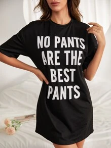 SHEIN Slogan Graphic Drop Shoulder Pajama Night Dress, Moo Moo Night Dress - Black - View 3