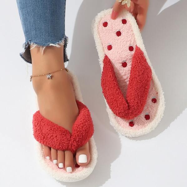 

Embroidery Detail Thong Fluffy Slippers, Red