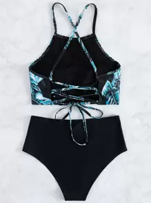 Leaf Print Tie Back High Waisted Bikini Set, For Summer Beach Vacation - Multicolor - View 2