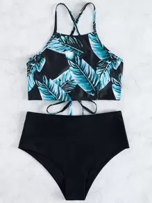 Leaf Print Tie Back High Waisted Bikini Set, For Summer Beach Vacation - Multicolor - View 4