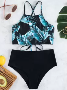 Leaf Print Tie Back High Waisted Bikini Set, For Summer Beach Vacation - Multicolor - View 5