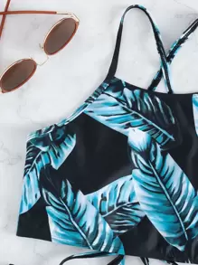 Leaf Print Tie Back High Waisted Bikini Set, For Summer Beach Vacation - Multicolor - View 6