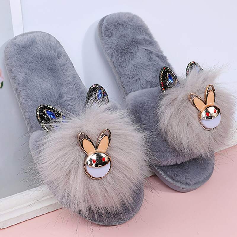 

Rabbit Decor Fluffy Slippers, Grey
