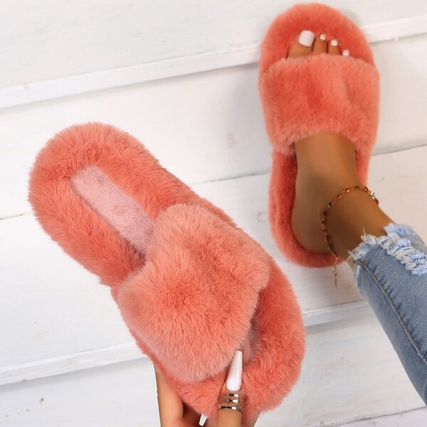 

Minimalist Fluffy Bedroom Slippers, Coral pink