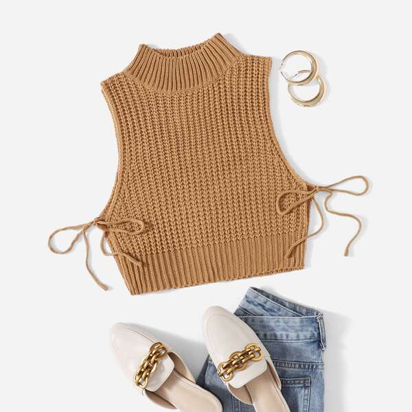 

Mock Neck Knot Side Sweater Vest, Camel