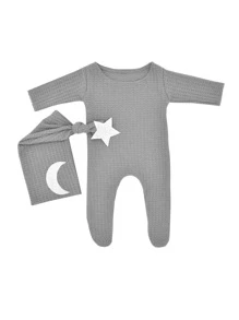 SHEIN 嬰兒星星和月亮印花連身褲附帽子拍攝套裝 - 灰色 - 查看 3