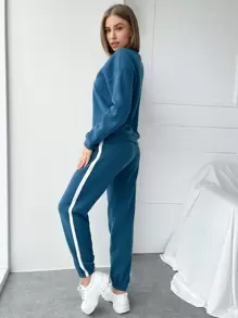 SHEIN Essnce Bộ đồ hai mảnh nữ Sọc bên Lá thư Thể thao - Màu xanh bụi bặm - Xem 2