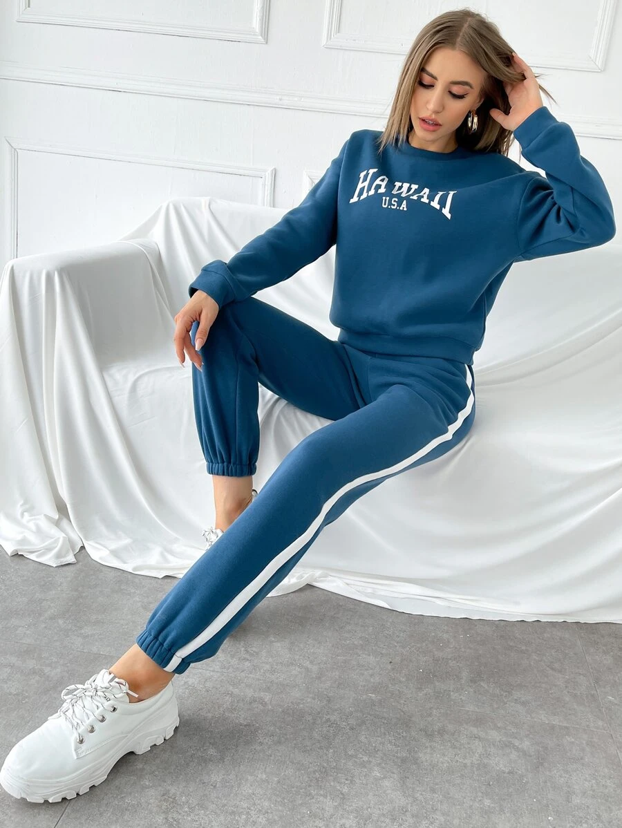 SHEIN Essnce Bộ đồ hai mảnh nữ Sọc bên Lá thư Thể thao - Màu xanh bụi bặm - Xem 1