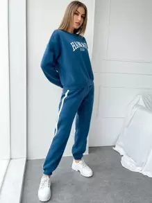 SHEIN Essnce Bộ đồ hai mảnh nữ Sọc bên Lá thư Thể thao - Màu xanh bụi bặm - Xem 5