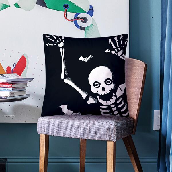 

Halloween Skeleton Print Cushion Cover Without Filler, Black and white