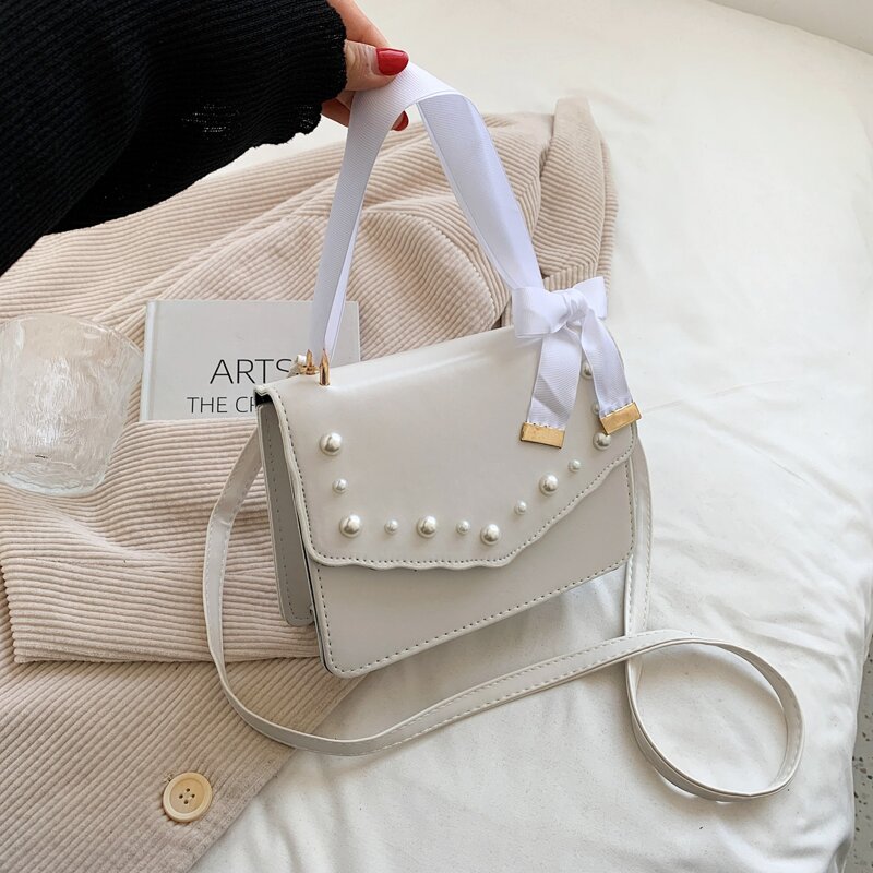 

Faux Pearl Decor Flap Satchel Bag, White