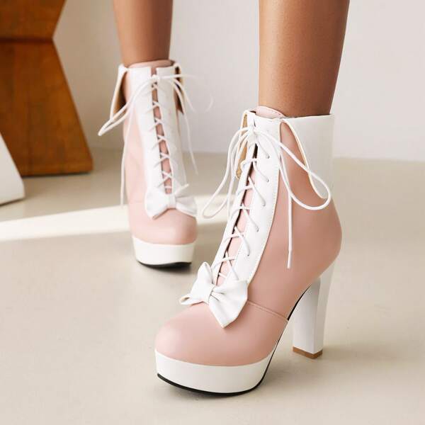 

Lace-up Front Chunky Heeled Combat Boots, Pink