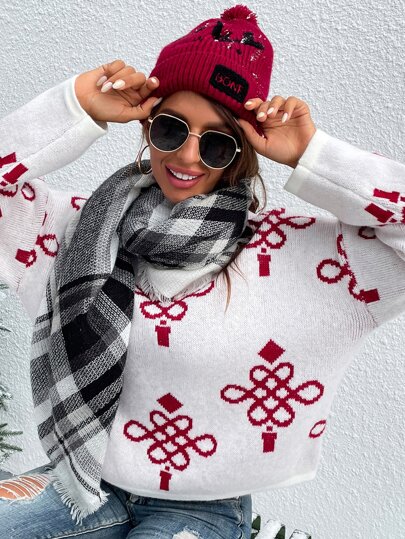 Drop Shoulder Chinese Knot Pattern Sweater