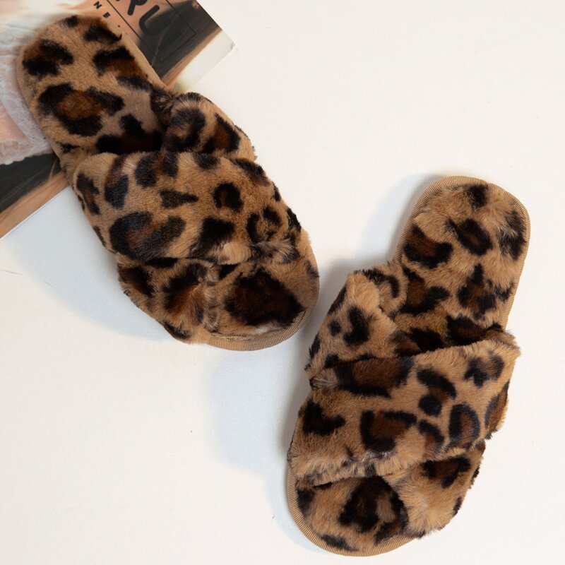 

Leopard Criss Cross Fluffy Slippers, Brown