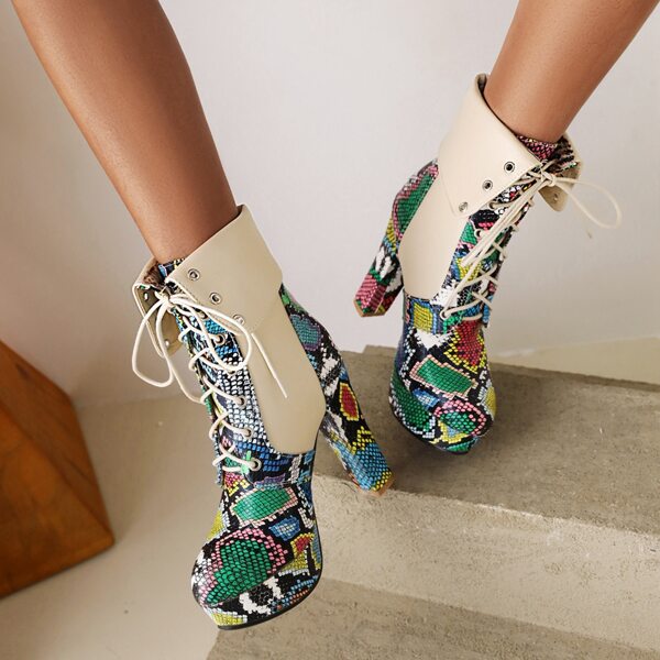 

Colorblock Snakeskin Print Platform Combat Boots, Apricot