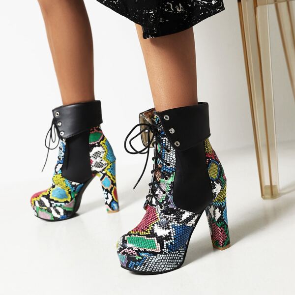

Colorblock Snakeskin Print Platform Combat Boots, Black