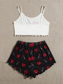 Lip & Letter Graphic Lettuce Cami Sleep Top & Sleep Shorts - Black and White - View 2