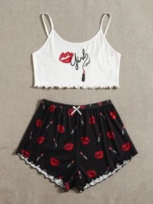 Lip & Letter Graphic Lettuce Cami Sleep Top & Sleep Shorts - Black and White - View 4