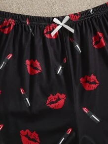 Lip & Letter Graphic Lettuce Cami Sleep Top & Sleep Shorts - Black and White - View 5