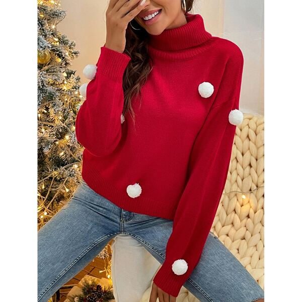 

Funnel Neck Pompom Detail Sweater, Red