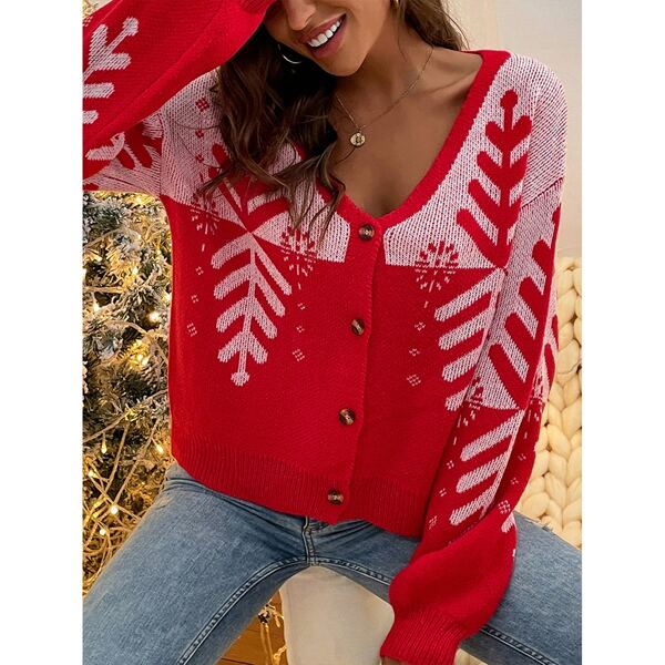 

Drop Shoulder Plants Pattern Cardigan, Red