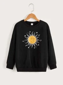 SHEIN Girls Sun & Moon Print Drop Shoulder Sweatshirt - Black - View 1