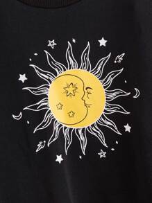 SHEIN Girls Sun & Moon Print Drop Shoulder Sweatshirt - Black - View 3