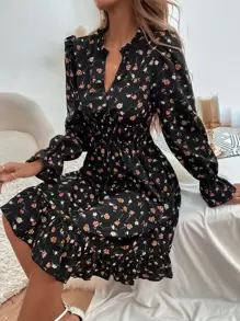 Breezaya 滿版印花缺口V領腰部打褶連衣裙 - 彩色 - 查看 3