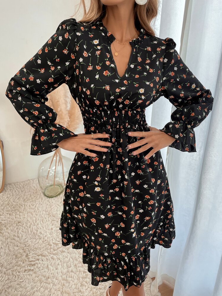 Breezaya Allover Floral Print Notch Neck Shirred Waist Dress,Ladies Casual Ruffle,Shirred Long Sleeve Notched Regular Fit Short Multicolor Flounce Sleeve Floral A Line Women Short Dresses,Spring/Fall,Casual Daily Wear Vacation Beach Outfit - Multicolor - View 6