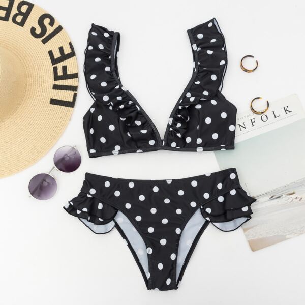 

Polka Dot Print Ruffle Trim Bikini Swimsuit, Black and white