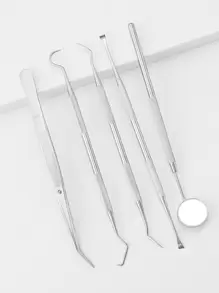 5pcs/Set Dental Care Tool, Oral Hygiene Kit, Silver, With Mirror, Explorer, Tartar Scraper, Dental Probe - Silver - View 2