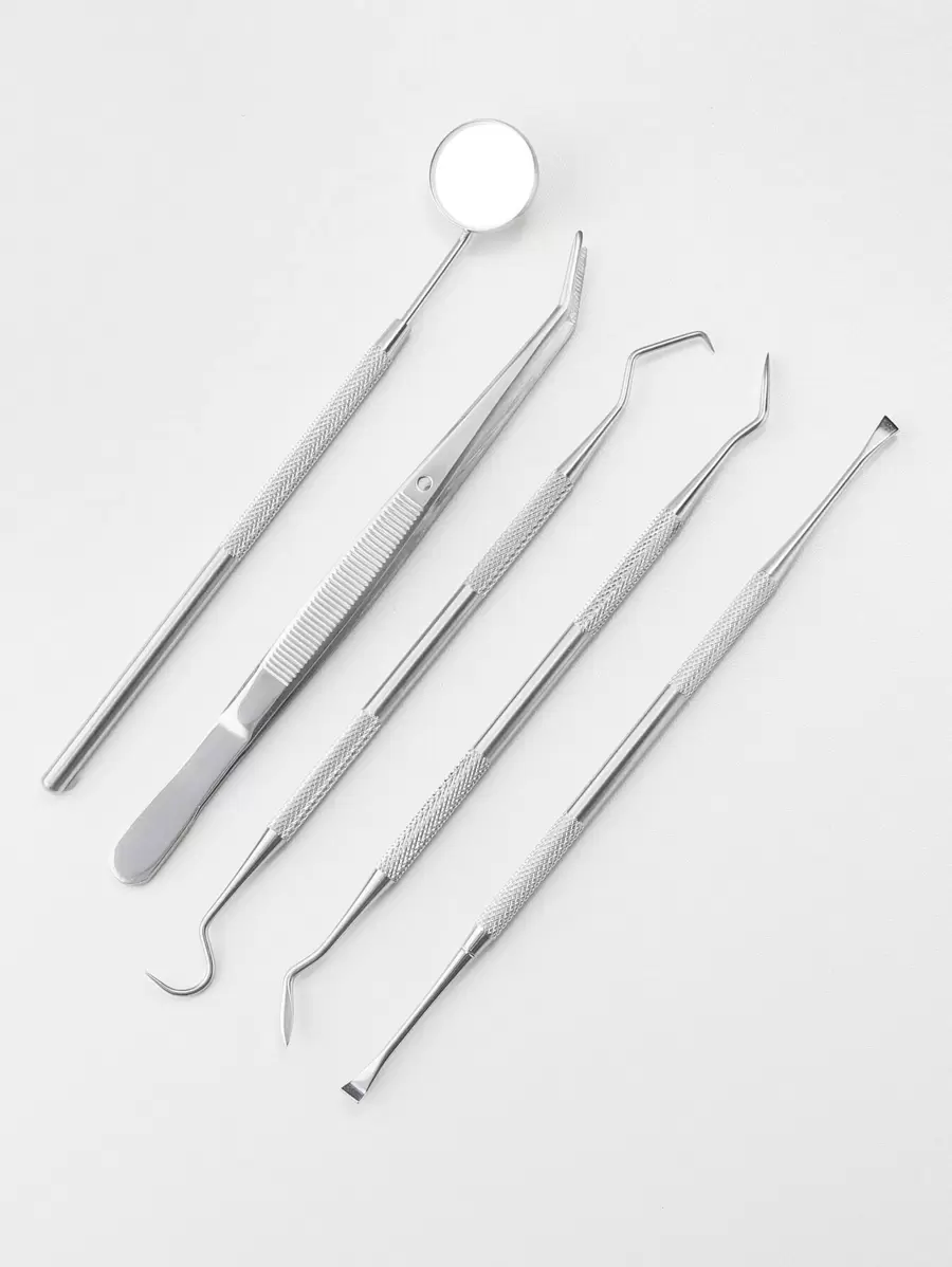 5pcs/Set Dental Care Tool, Oral Hygiene Kit, Silver, With Mirror, Explorer, Tartar Scraper, Dental Probe - Silver - View 1