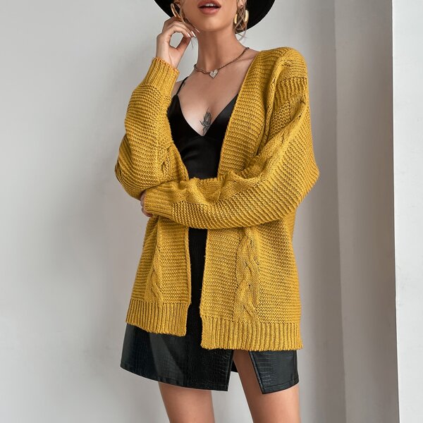 

Drop Shoulder Open Front Cable Knit Cardigan, Mustard yellow