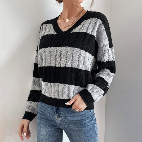 

V-neck Drop Shoulder Two Tone Striped Sweater, Multicolor