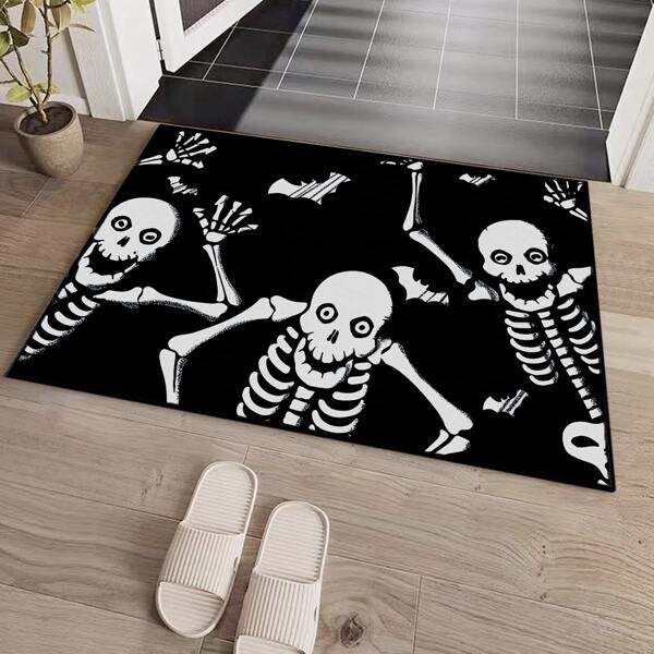 

Halloween Skeleton Print Door Mat, Black and white