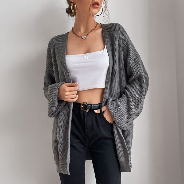 

Open Front Drop Shoulder Ribbed-knit Cardigan, Dark grey