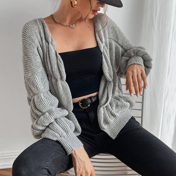 

Gathered Sleeve Open Front Ruched Cardigan, Grey
