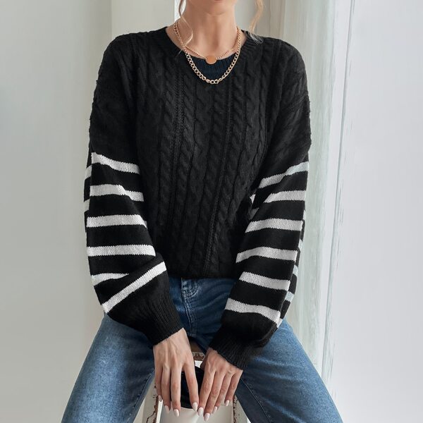 

Drop Shoulder Cable Knit Striped Pattern Sweater, Black