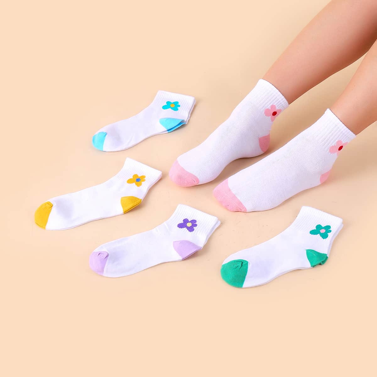 

5pairs Flower Print Crew Socks, Multicolor
